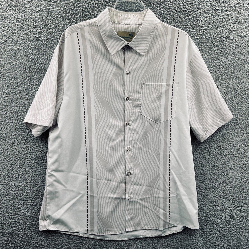 Men Hawaiian Shirt L Wavy Stripe Island Coastal Vacation Resort Cruise Button Up